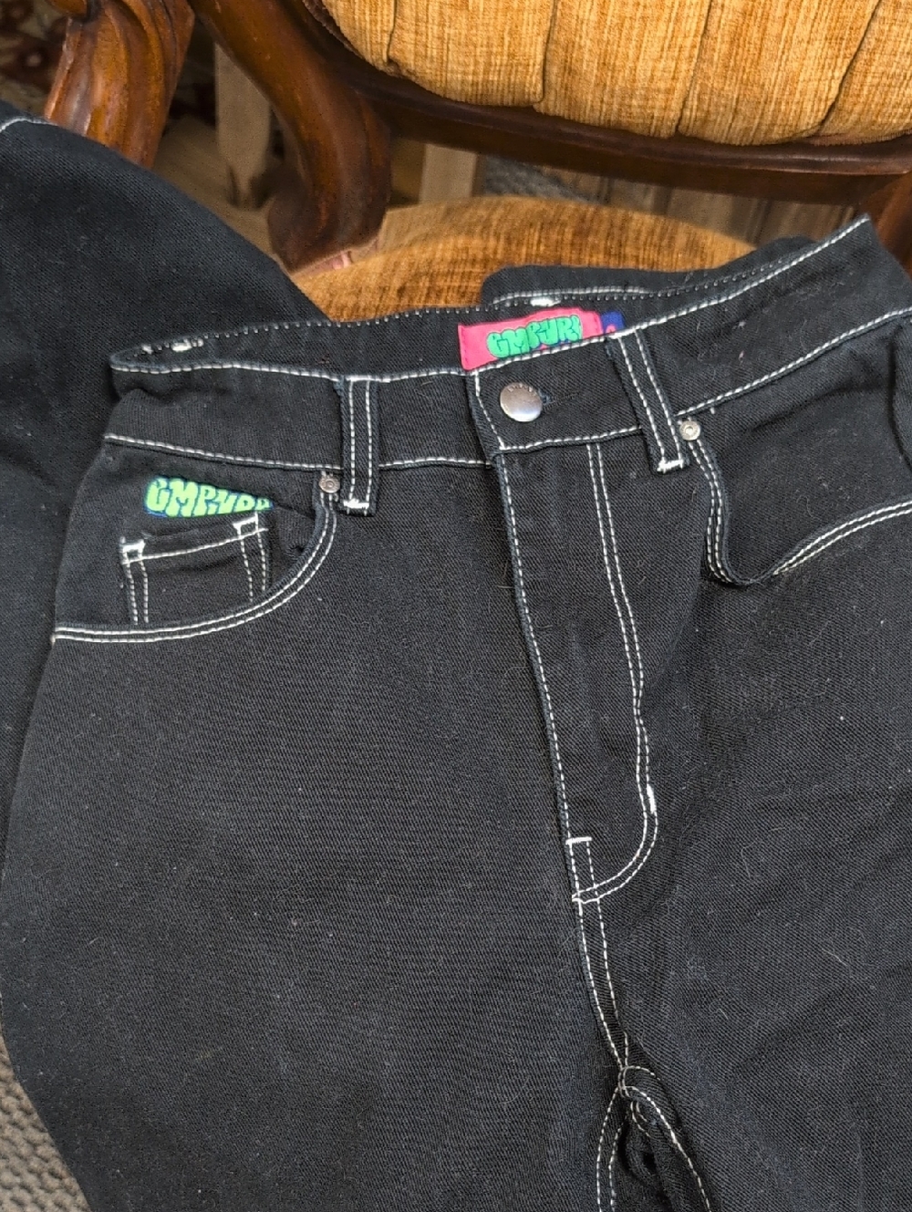 Empyre Black Jeans with White Stitching and Green Logo Tabs